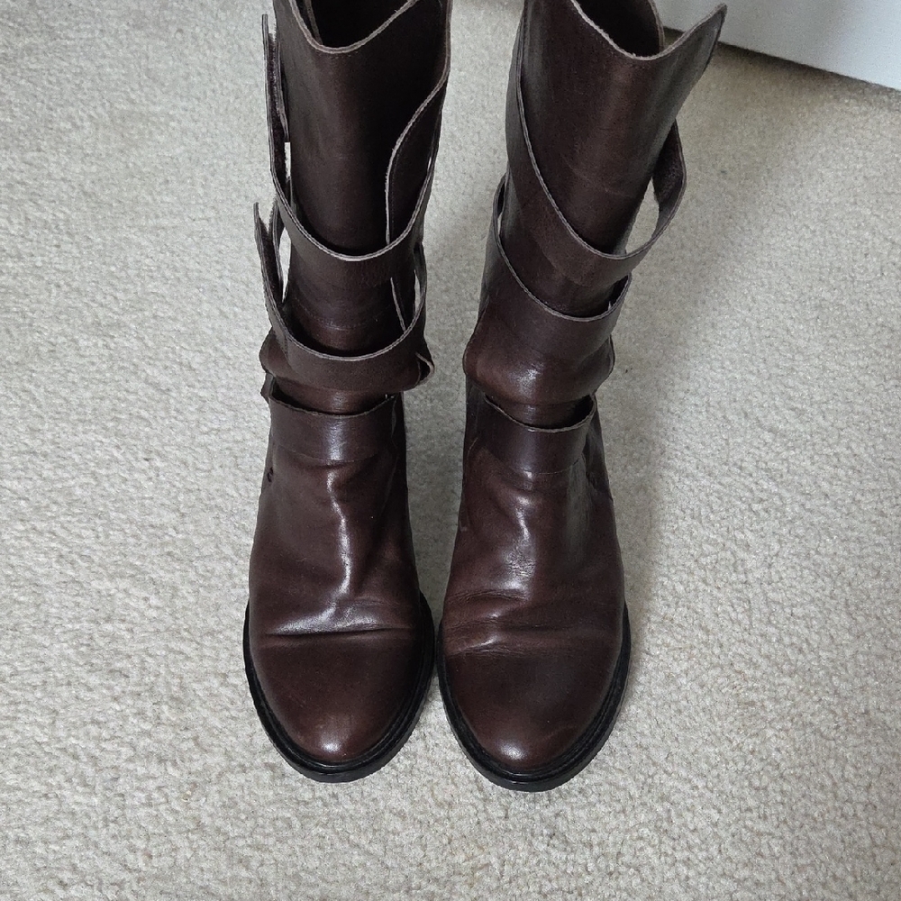 COCLICO Dark Brown Leather Combat Block Heel Boots w Velcro Closure Straps - Picture 6 of 9